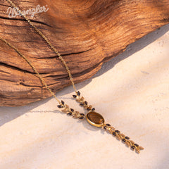 WNS-1057   Wrangler 14K Gold Western Y Necklace Oval Shaped  Natural Stone Pendant