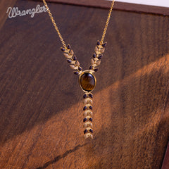 WNS-1057   Wrangler 14K Gold Western Y Necklace Oval Shaped  Natural Stone Pendant