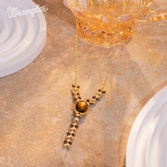 WNS-1057   Wrangler 14K Gold Western Y Necklace Oval Shaped  Natural Stone Pendant