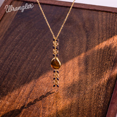 WNS-1058   Wrangler 14K Gold Western Wheat Necklace Tear Drop Shaped Natural Stone Pendant
