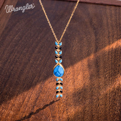 WNS-1058   Wrangler 14K Gold Western Wheat Necklace Tear Drop Shaped Natural Stone Pendant