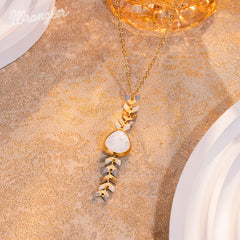 WNS-1058   Wrangler 14K Gold Western Wheat Necklace Tear Drop Shaped Natural Stone Pendant