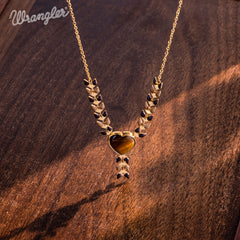 WNS-1059  Wrangler 14k Gold Western Y Necklace Heart Shaped  Natural Stone Pendant