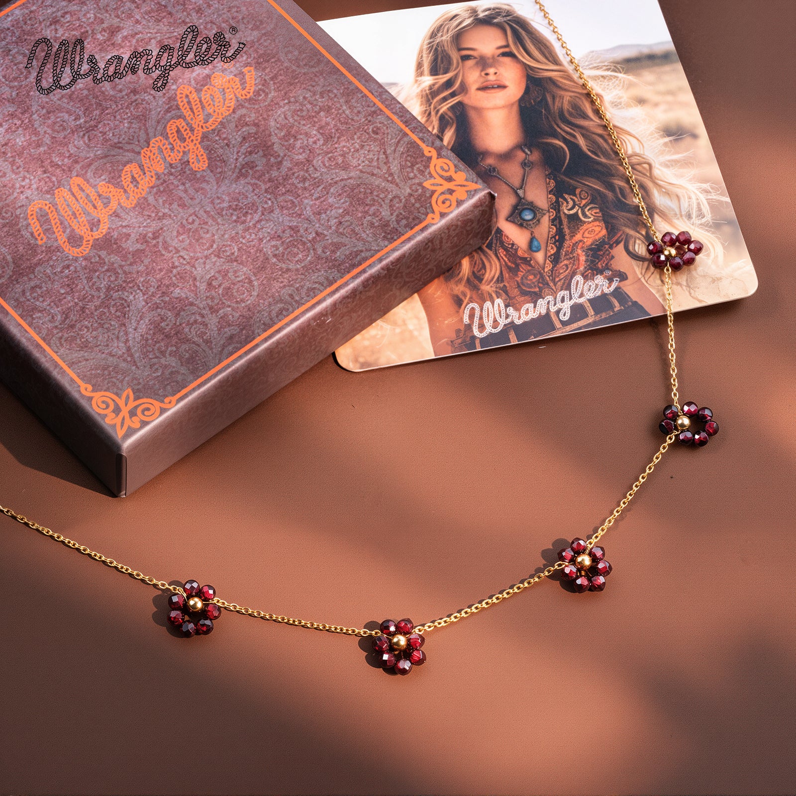 WNS-1103BDY  Wrangler 14K Gold Natural Stone Daisy Choker Necklace - Burgundy