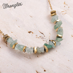 WNS-1106GN  Wrangler 14K Gold Natural Stone Chips Beaded Choker Necklace -Green