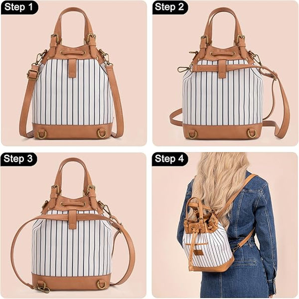 LEE56-003 LEE Striped Denim Canvas Drawstring Bucket Bag/Crossbody