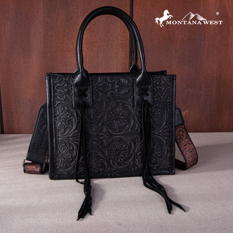 MW1268-8120S   Montana West Embossed Floral Tote/Crossbody - Black