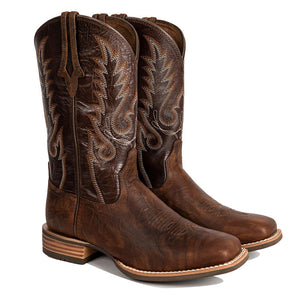 PLT-203608 Western Women's Embroidered Wide Toe Cowgirl Genuine Leather Boots