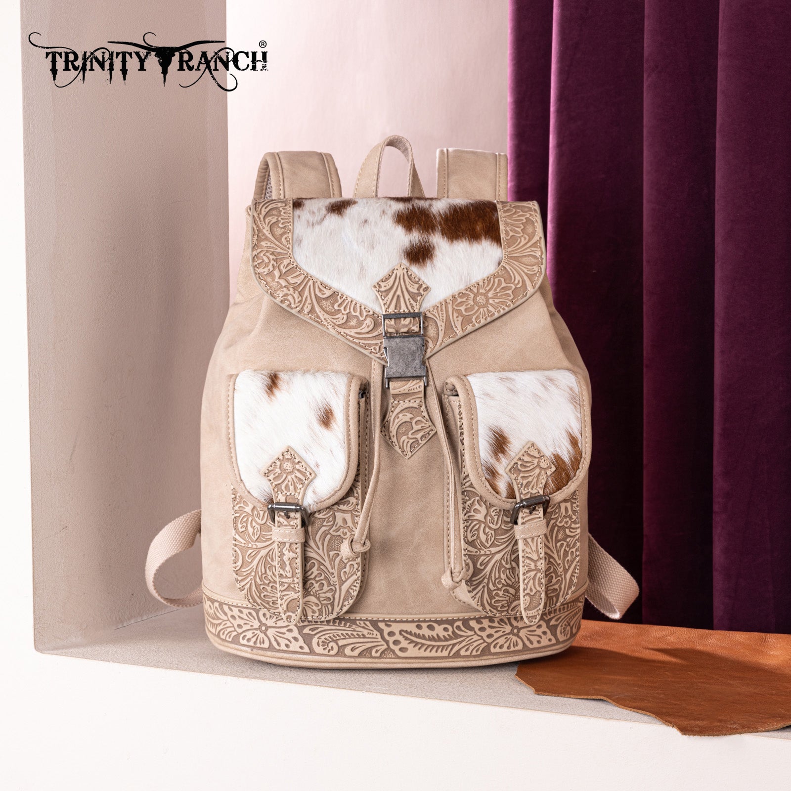 cowboy leather backpack TR185-9110 Trinity Ranch Genuine Hair-On Cowhide Tooled Backpack