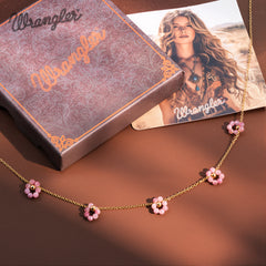 WNS-1103PK  Wrangler 14K Gold Natural Stone Daisy Choker Necklace -Pink