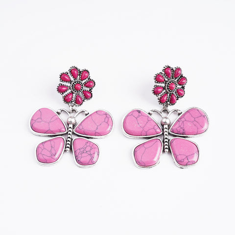 ER221015-06  Silver Base Hot Pink Turquoise Stone Flower Butterfly Shape Dangling Earring
