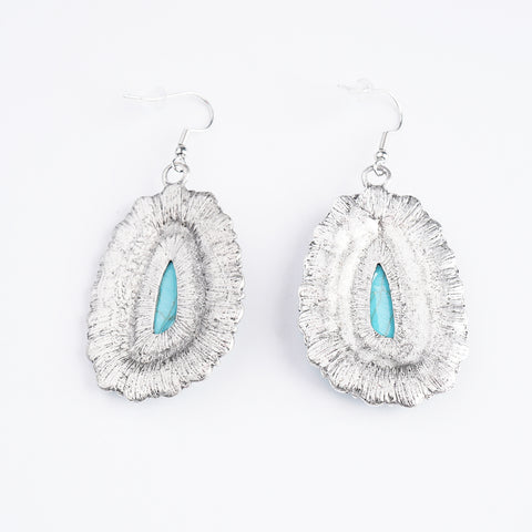 ER221015-01  Silver Base with Turquoise Stone Blossom Oval Shape Dangling Earring