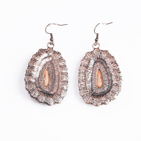 ER221015-01 Copper Base with Orange Turquoise Stone Blossom Oval Shape Dangling Earring