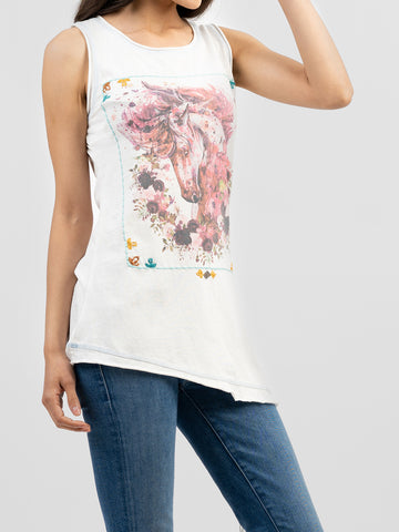 Delila  Women Mineral Wash Hand Stitching Floral Horse Graphic Tassel Sleeveless Tee DL-T024 （Prepack 9 Pcs）