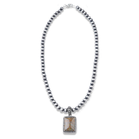 NK070112-06 Silver Beads With Natural Stone Rectangle Shape Pendant Necklace