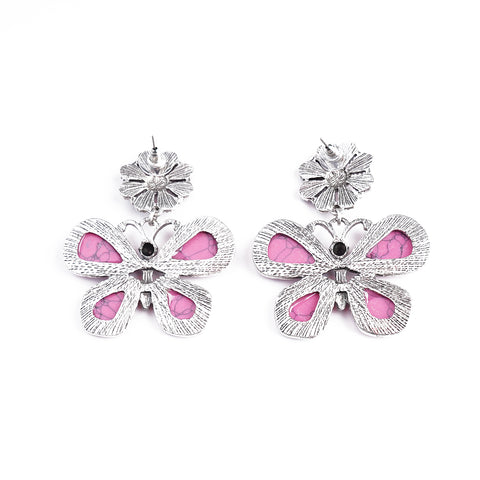 ER221015-06  Silver Base Hot Pink Turquoise Stone Flower Butterfly Shape Dangling Earring