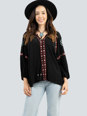Delila Women Aztec Embroidered Collection Tie Neck Blouse DL-T015