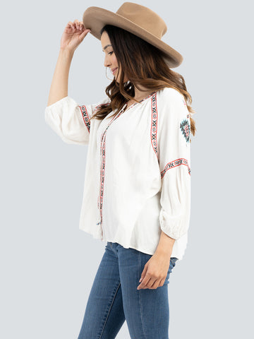 Delila Women Aztec Embroidered Collection Tie Neck Blouse DL-T015