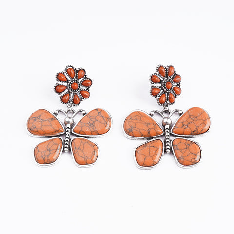 ER221015-06  Silver Base Orange Turquoise Stone Flower Butterfly Shape Dangling Earring
