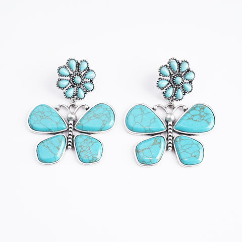 ER221015-06  Silver Base Turquoise Stone Flower Butterfly Shape Dangling Earring