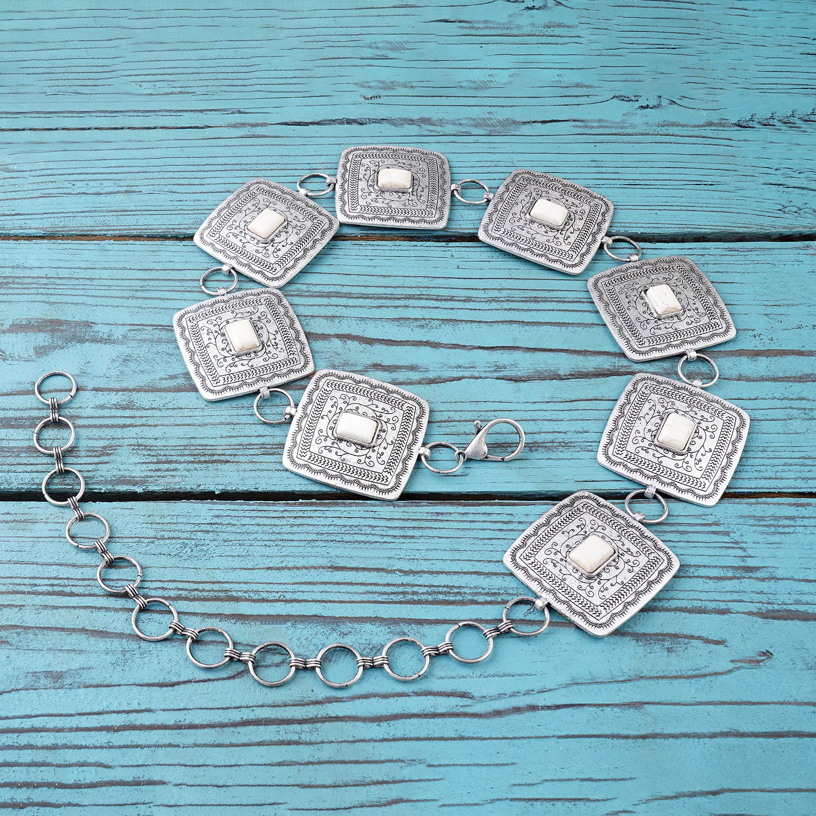 BLT220120-07 Western Square Stone Concho Chain Belt - Silver
