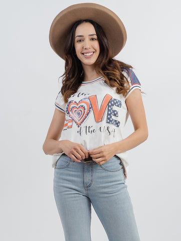 Women's Mineral Wash Contrast Stitched “Love” Graphic Patriot Short Sleeve Tee DL-T063