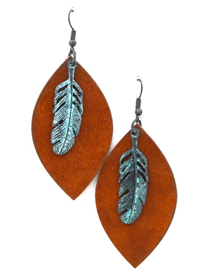 ERZ180905-20 Leaf Shape leather Earring with Feather Charm
