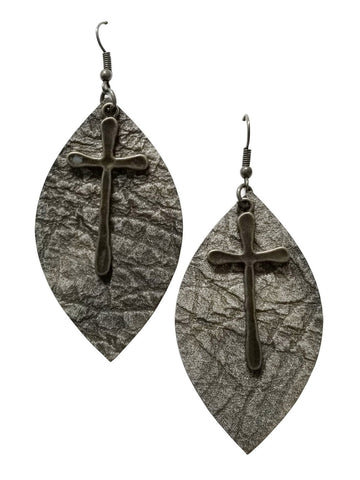 ERZ180905-30 Leaf Shape Leather Texture Earring with Cross Charm