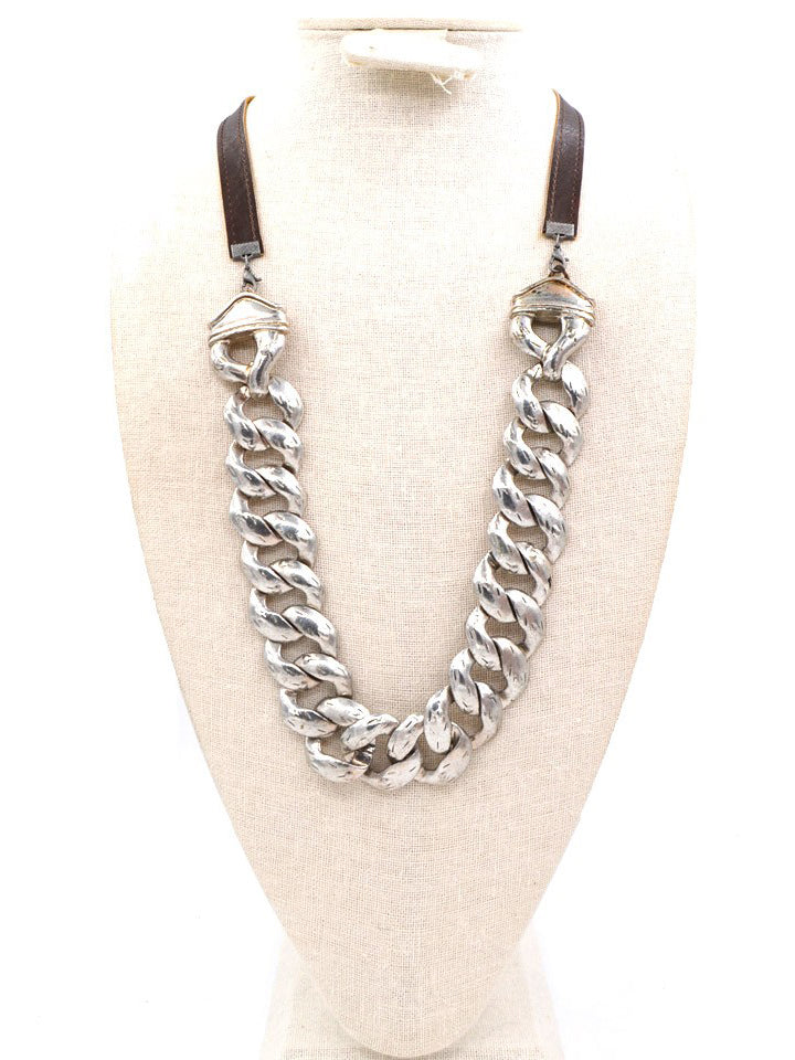 NK190508-01 Dark Brown Leather Piece with Silver Chain Necklace