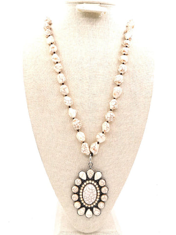 NKS190203-01 WHT-TURQ/WHT White turquoise bead knotted necklace with white-turquoise silver plated oval flower shaped pendent