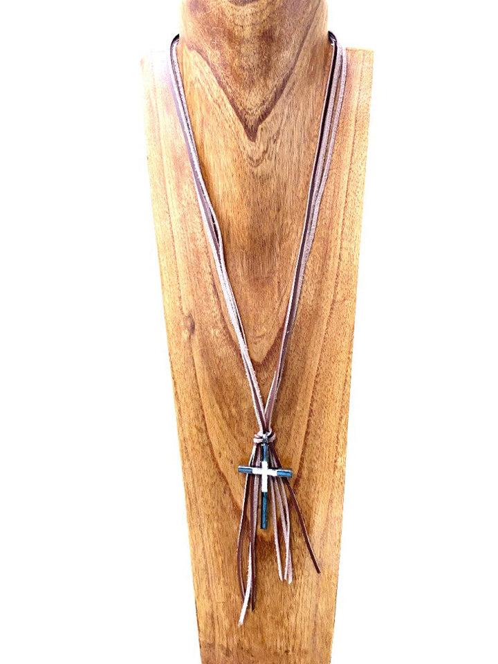 NKS200701-14 Multi-strings Leather Necklace with Black Grey Cross Pendent