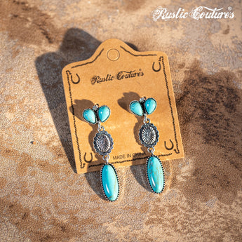 Rustic Couture's Silver Oval Concho Nature Turquoise Dangling Earring - Cowgirl Wear