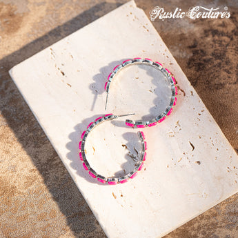 Rustic Couture's Silver Base Hot Pink Nature Stone Bead Hoop Earrings - Cowgirl Wear