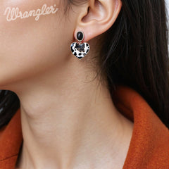WGE-1129S  Wrangler Silver Cow Print Heart Shape Dangling Earrings - Black
