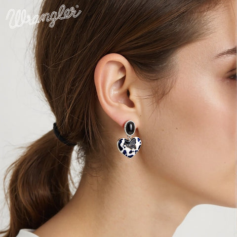 WGE-1129S  Wrangler Silver Cow Print Heart Shape Dangling Earrings - Black