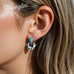 WGE-1129S  Wrangler Silver Cow Print Heart Shape Dangling Earrings - Turquoise