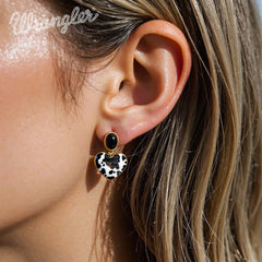 WGE-1129G  Wrangler Gold Cow Print Heart Shape Dangling Earrings -Black