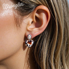 WGE-1129S  Wrangler Silver Cow Print Heart Shape Dangling Earrings - Beige