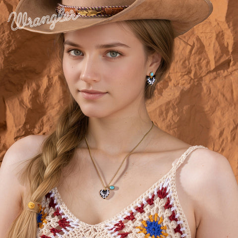 WNS2-1129G  Wrangler Cow-Print Natural Stone Pendant Gold Necklace Earrings Set - Turquoise
