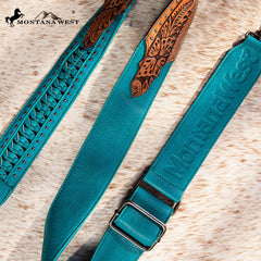 PST-2003  Montana West Western Guitar Style Floral Tooled Crossbody Strap - Turquoise