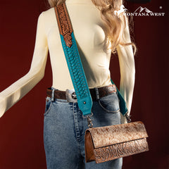 PST-2003  Montana West Western Guitar Style Floral Tooled Crossbody Strap - Turquoise