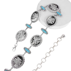 RCB-1057  Rustic Couture Etched Thunderbird Turquoise Stone Centered Concho Link Chain Belt