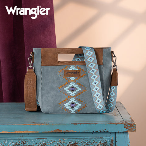 WG220-9360  Wrangler Aztec Embroidered Top Handle Tote/Crossbody -Jean
