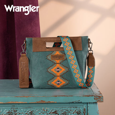 WG220-9360  Wrangler Aztec Embroidered Top Handle Tote/Crossbody -Turquoise