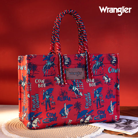WG284D-8119  Wrangler COWBOY  Dual Sided Print Canvas Wide Tote -Red