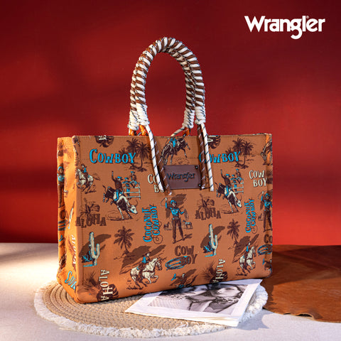 WG284D-8119  Wrangler COWBOY  Dual Sided Print Canvas Wide Tote -Brown