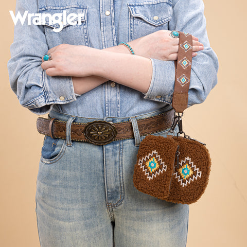 WG263-W077  Wrangler Sherpa Embroidered Aztec Dual Pouch Wristlet -Brown