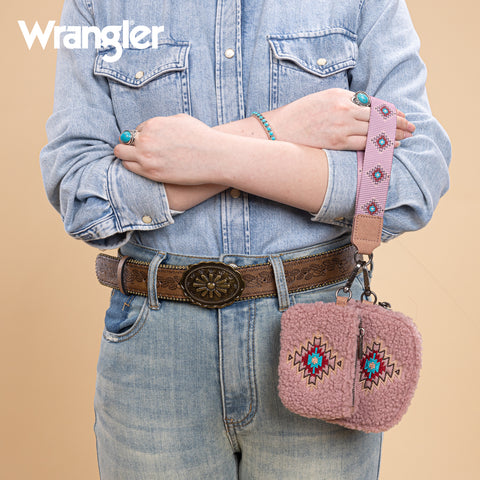 WG263-W077  Wrangler Sherpa Embroidered Aztec Dual Pouch Wristlet -Dark Pink