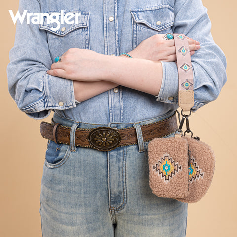 WG263-W077  Wrangler Sherpa Embroidered Aztec Dual Pouch Wristlet -Tan