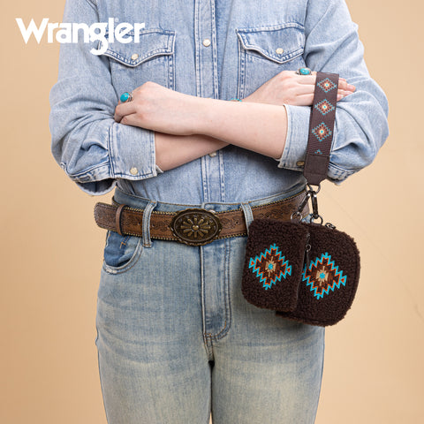 WG263-W077  Wrangler Sherpa Embroidered Aztec Dual Pouch Wristlet -Coffee